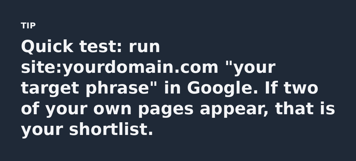 Quick test: run site:yourdomain.com 'your target phrase' in Google. If two of your own pages appear, that is your shortlist.