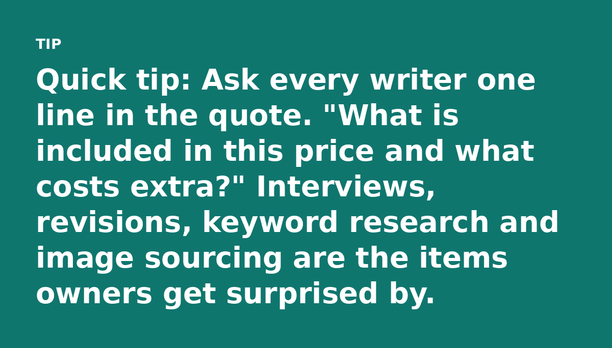 Quick tip: Ask every writer one line in the quote. 'What is included in this price and what costs extra?' Interviews, revisions, keyword research and