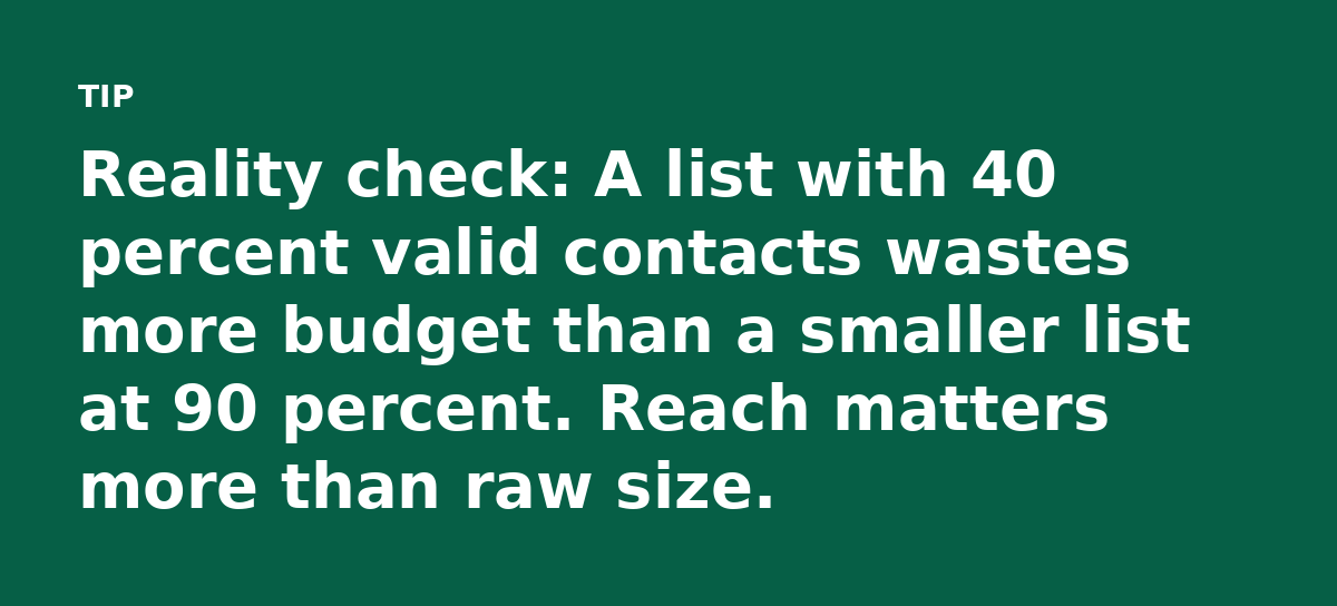 Reality check: A list with 40 percent valid contacts wastes more budget than a smaller list at 90 percent. Reach matters more than raw size.