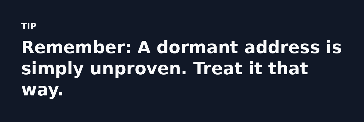 Remember: A dormant address is simply unproven. Treat it that way.