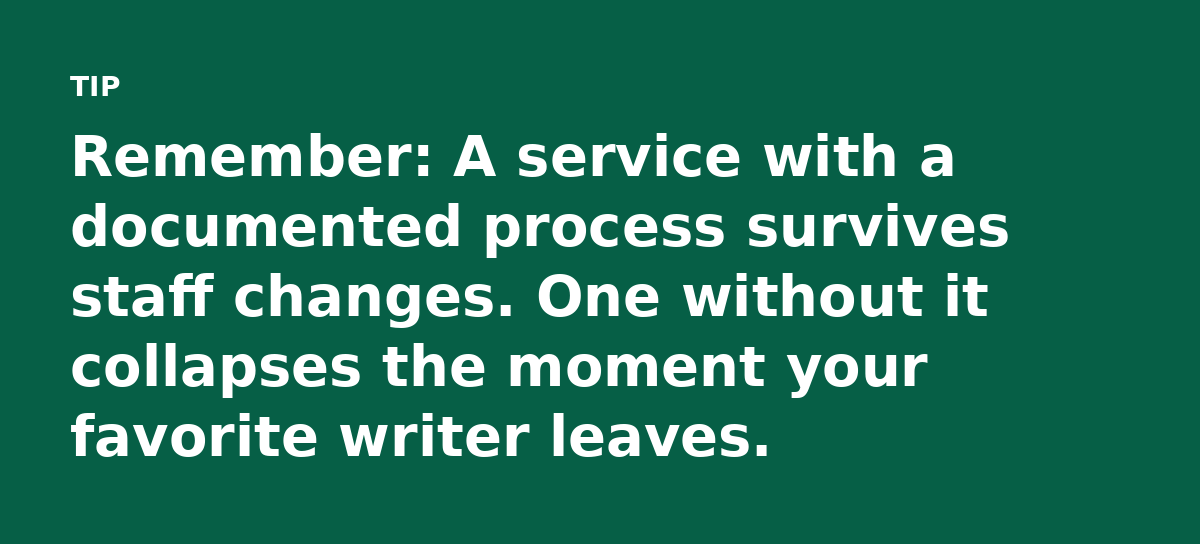 Remember: A service with a documented process survives staff changes. One without it collapses the moment your favorite writer leaves.
