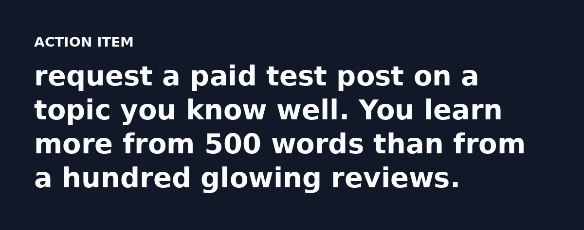 request a paid test post on a topic you know well. You learn more from 500 words than from a hundred glowing reviews.