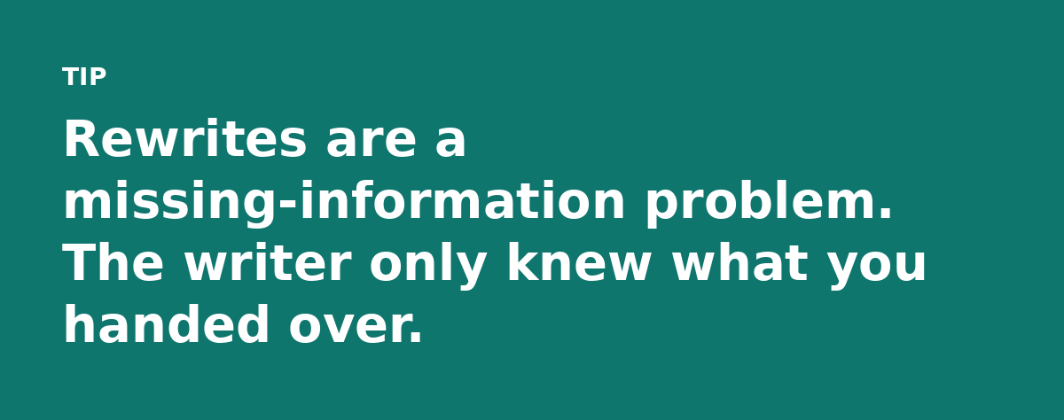Rewrites are a missing-information problem. The writer only knew what you handed over.