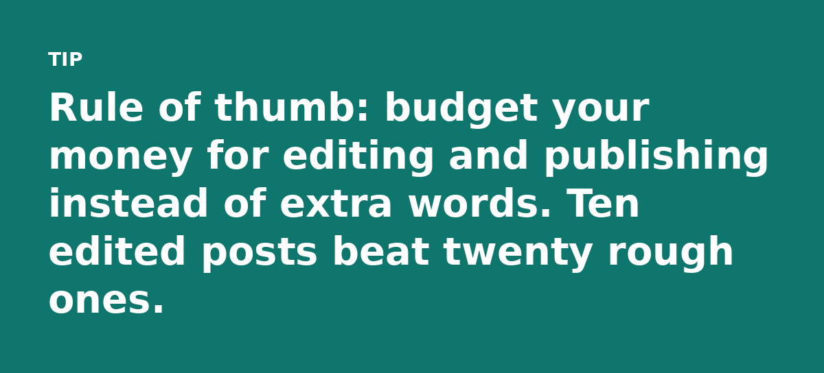 Rule of thumb: budget your money for editing and publishing instead of extra words. Ten edited posts beat twenty rough ones.