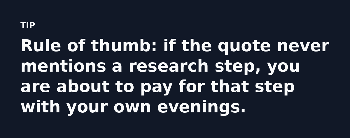 Rule of thumb: if the quote never mentions a research step, you are about to pay for that step with your own evenings.