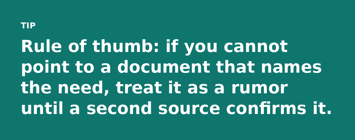 Rule of thumb: if you cannot point to a document that names the need, treat it as a rumor until a second source confirms it.