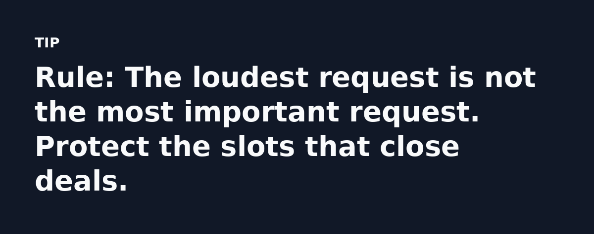 Rule: The loudest request is not the most important request. Protect the slots that close deals.