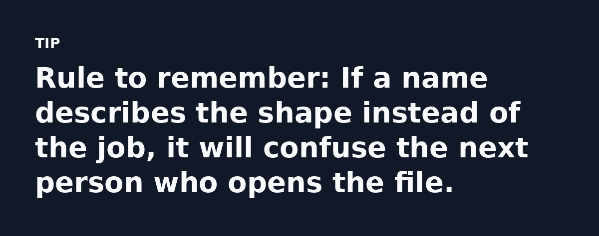 Rule to remember: If a name describes the shape instead of the job, it will confuse the next person who opens the file.