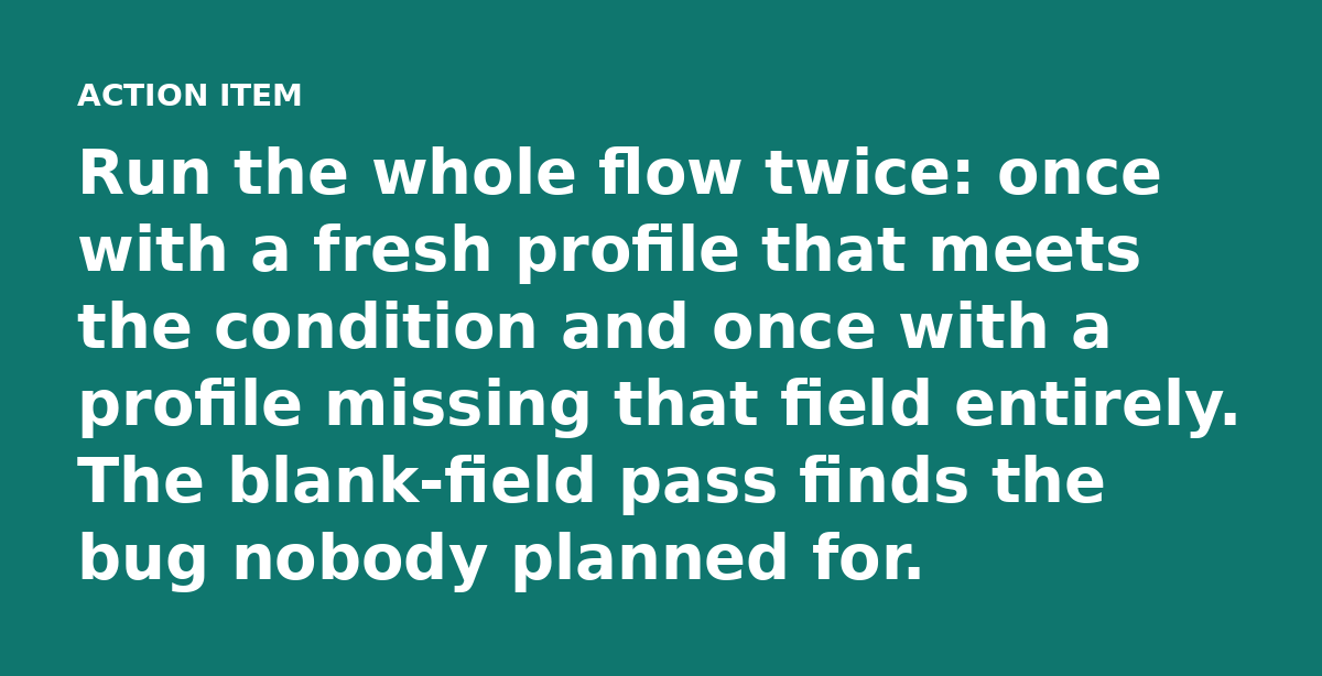 Run the whole flow twice: once with a fresh profile that meets the condition and once with a profile missing that field entirely. The blank-field pass