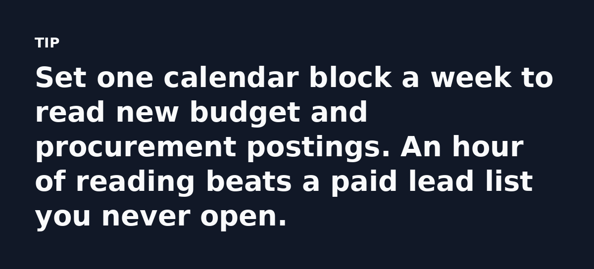 Set one calendar block a week to read new budget and procurement postings. An hour of reading beats a paid lead list you never open.
