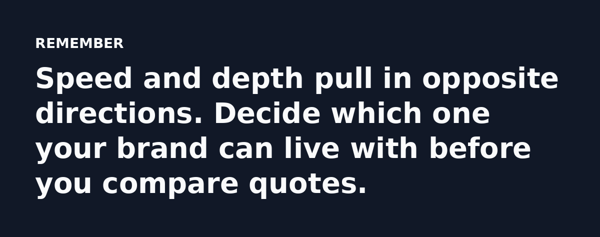 Speed and depth pull in opposite directions. Decide which one your brand can live with before you compare quotes.