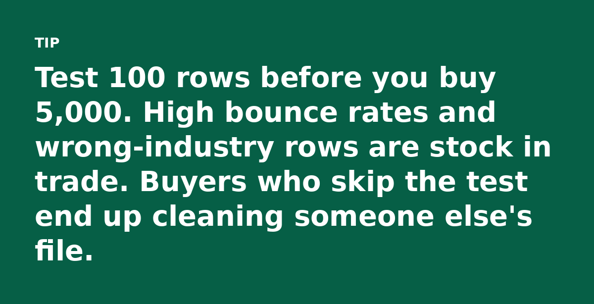 Test 100 rows before you buy 5,000. High bounce rates and wrong-industry rows are stock in trade. Buyers who skip the test end up cleaning someone els