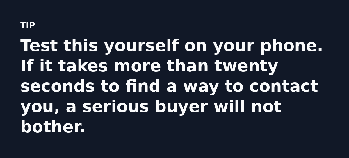 Test this yourself on your phone. If it takes more than twenty seconds to find a way to contact you, a serious buyer will not bother.