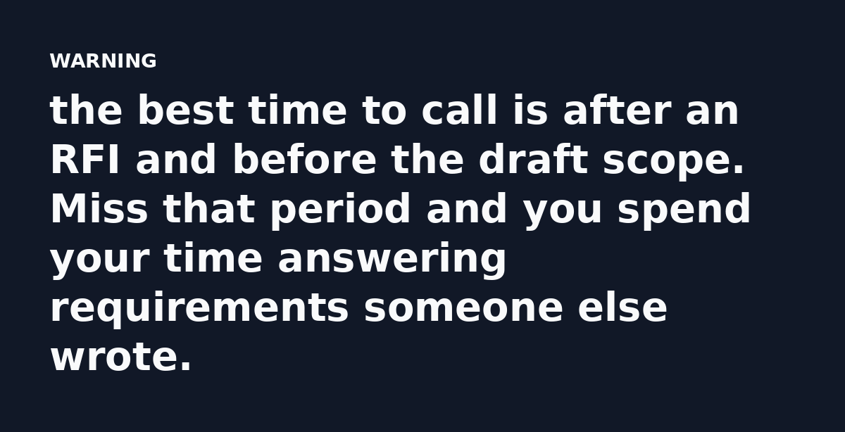 the best time to call is after an RFI and before the draft scope. Miss that period and you spend your time answering requirements someone else wrote.
