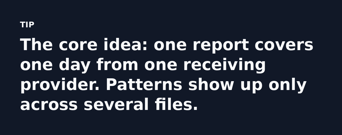 The core idea: one report covers one day from one receiving provider. Patterns show up only across several files.