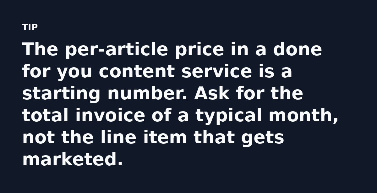 The per-article price in a done for you content service is a starting number. Ask for the total invoice of a typical month, not the line item that get