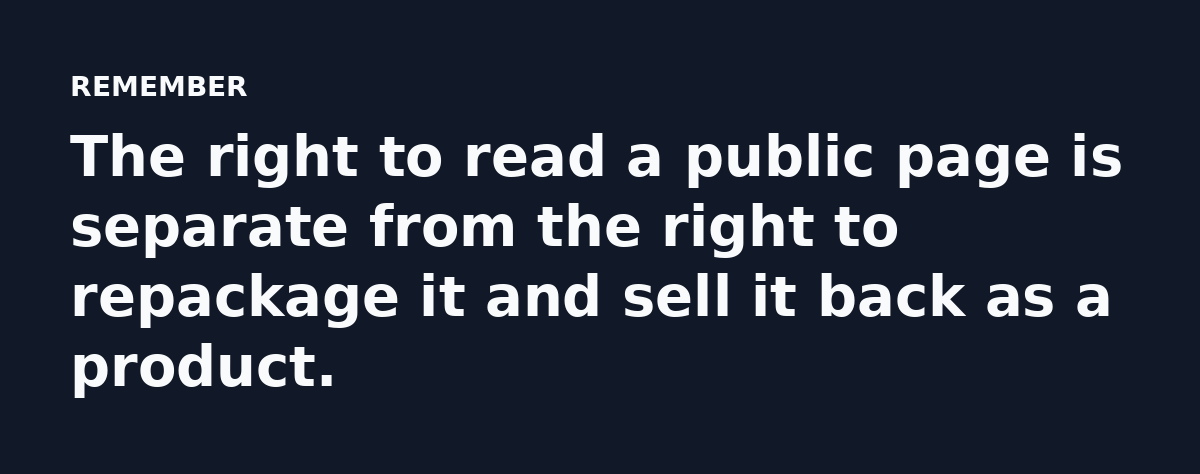 The right to read a public page is separate from the right to repackage it and sell it back as a product.