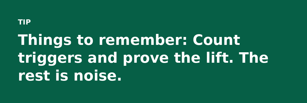 Things to remember: Count triggers and prove the lift. The rest is noise.