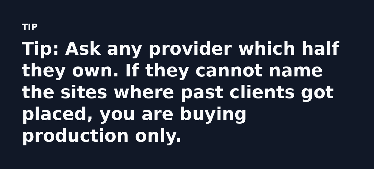 Tip: Ask any provider which half they own. If they cannot name the sites where past clients got placed, you are buying production only.