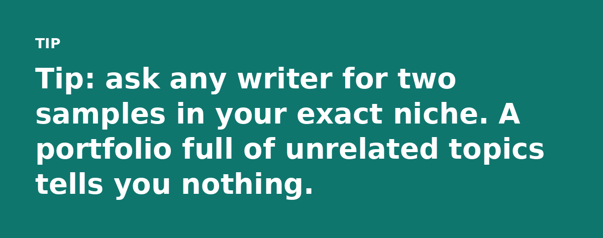 Tip: ask any writer for two samples in your exact niche. A portfolio full of unrelated topics tells you nothing.
