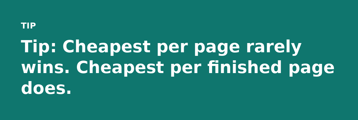 Tip: Cheapest per page rarely wins. Cheapest per finished page does.