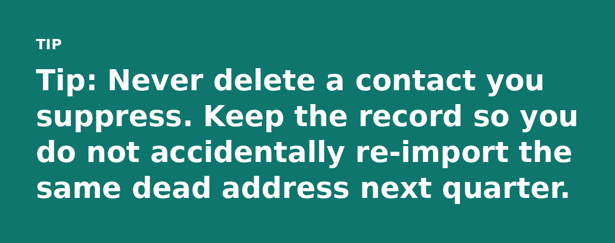 Tip: Never delete a contact you suppress. Keep the record so you do not accidentally re-import the same dead address next quarter.