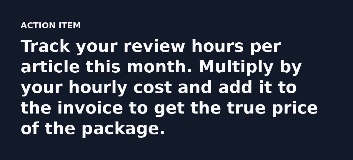 Track your review hours per article this month. Multiply by your hourly cost and add it to the invoice to get the true price of the package.