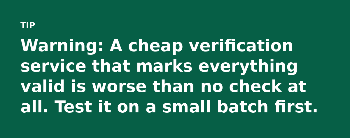 Warning: A cheap verification service that marks everything valid is worse than no check at all. Test it on a small batch first.