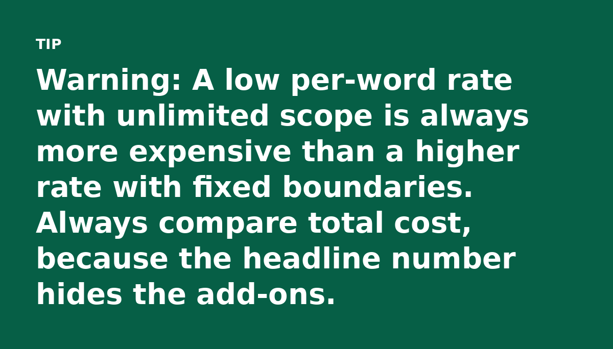 Warning: A low per-word rate with unlimited scope is always more expensive than a higher rate with fixed boundaries. Always compare total cost, becaus
