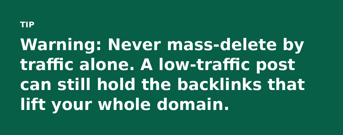 Warning: Never mass-delete by traffic alone. A low-traffic post can still hold the backlinks that lift your whole domain.