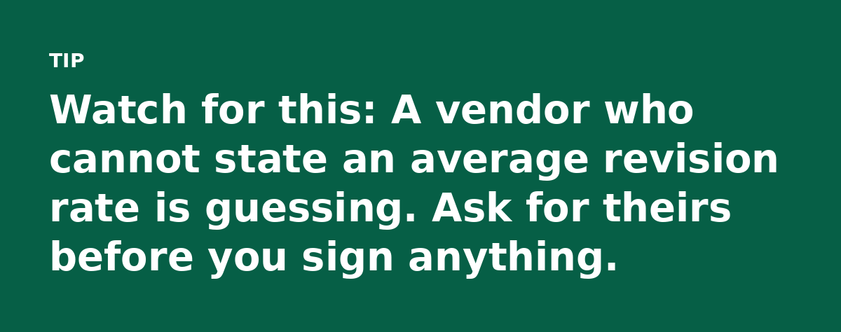 Watch for this: A vendor who cannot state an average revision rate is guessing. Ask for theirs before you sign anything.