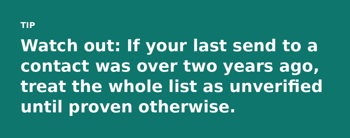 Watch out: If your last send to a contact was over two years ago, treat the whole list as unverified until proven otherwise.