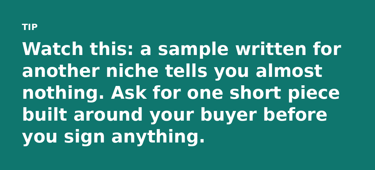 Watch this: a sample written for another niche tells you almost nothing. Ask for one short piece built around your buyer before you sign anything.