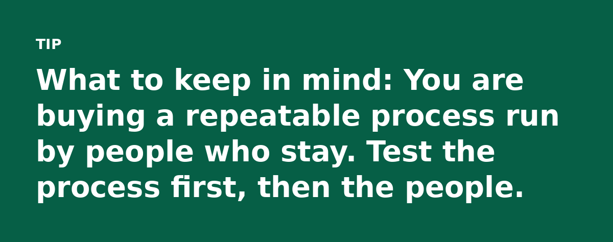 What to keep in mind: You are buying a repeatable process run by people who stay. Test the process first, then the people.