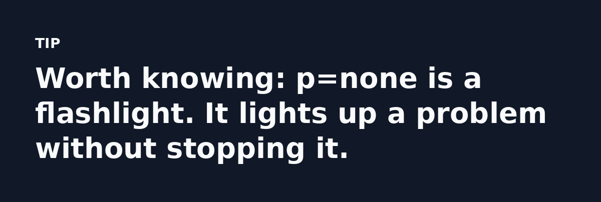 Worth knowing: p=none is a flashlight. It lights up a problem without stopping it.