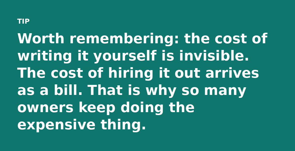 Worth remembering: the cost of writing it yourself is invisible. The cost of hiring it out arrives as a bill. That is why so many owners keep doing th
