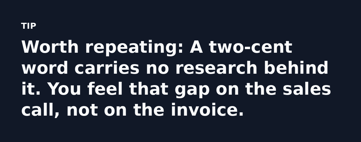 Worth repeating: A two-cent word carries no research behind it. You feel that gap on the sales call, not on the invoice.